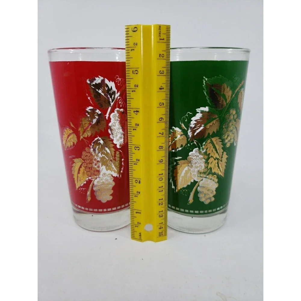 Vintage Libbey Grape Leaf Design Glasses Red Green Gold Christmas 12 oz MCM USA